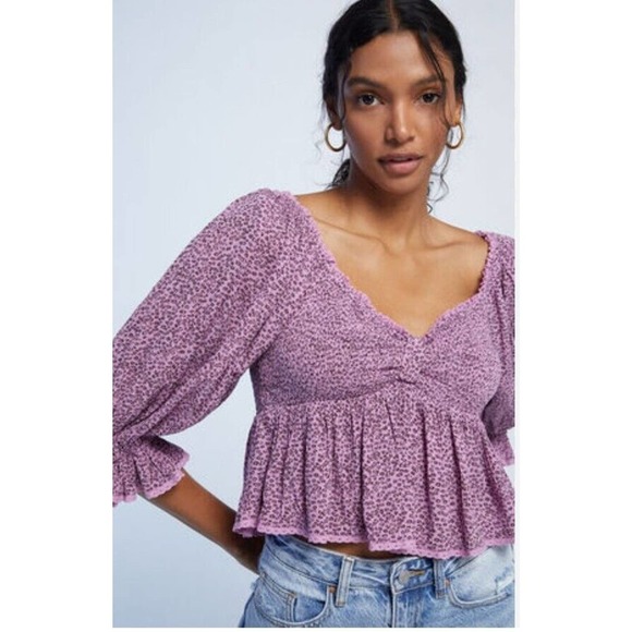 Free People Tops - NWT Free People Small Britnee Babydoll Smocked Floral Top Cropped Puff Sleeve